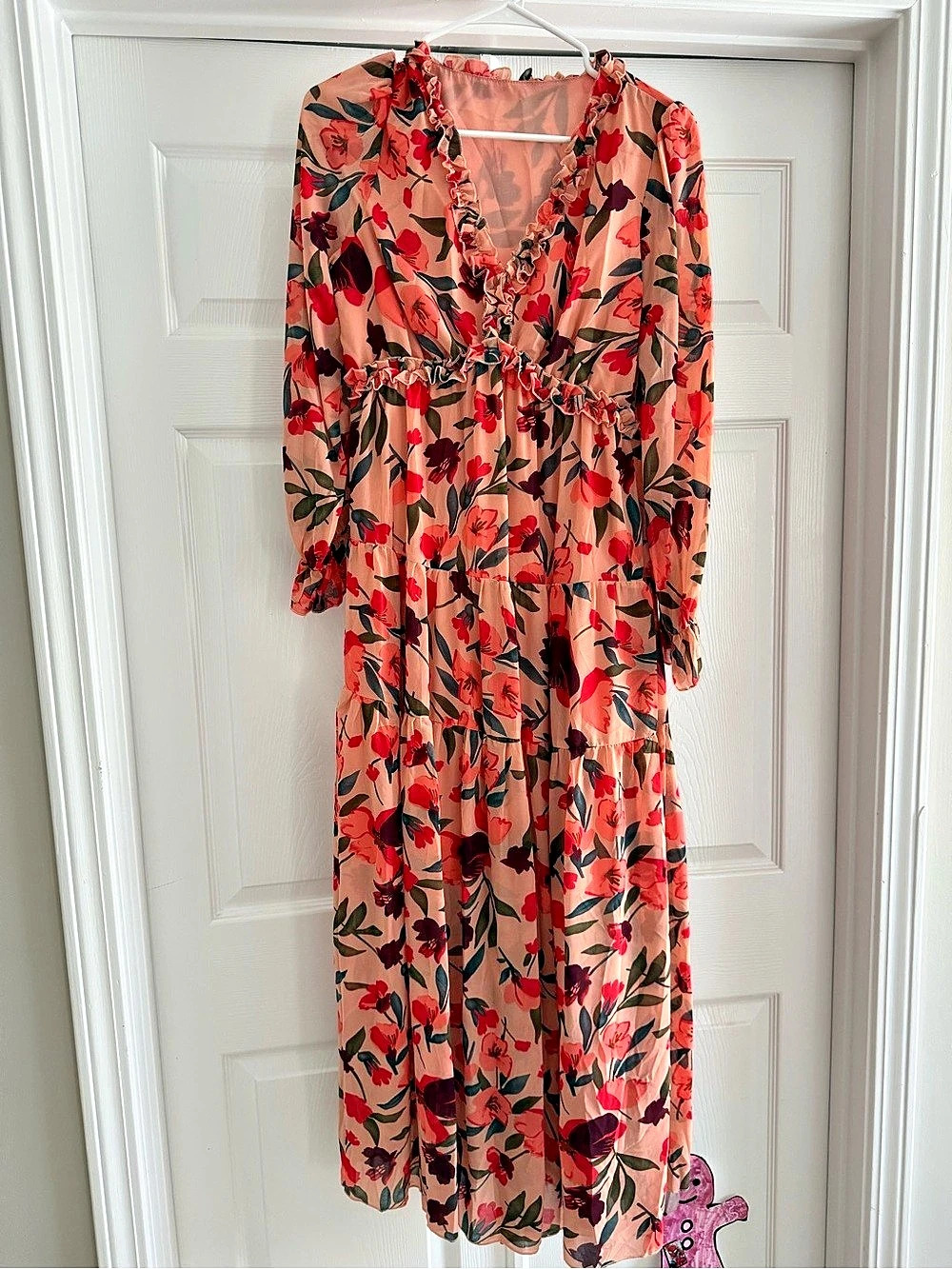 Long Sleeve Floral Tiered Ruffle Maxi Dress Pink & Red